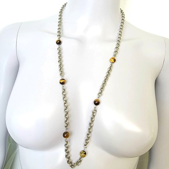 Vintage 80s Tigers Eye Bead Chain Necklace Women Silver Jewelry Crystal Gemstone - Picture 5 of 11